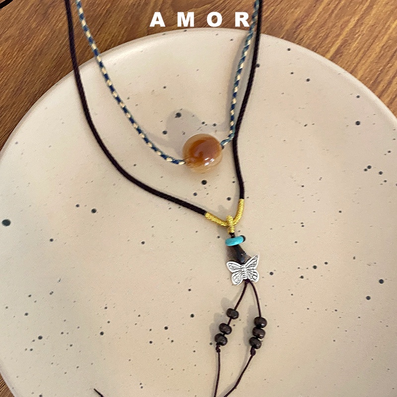 Vòng Cổ Hai Lớp Mặt Bướm Mã Não Thiết Kế Mới Thời Trang Theo Phong Cách Trung Hoa