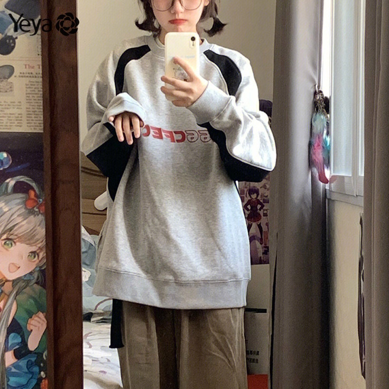 Áo sweater Cổ Tròn Dáng Rộng In Họa Tiết Khối Màu Sắc Đơn Giản Dễ Phối Đồ Cho Nữ