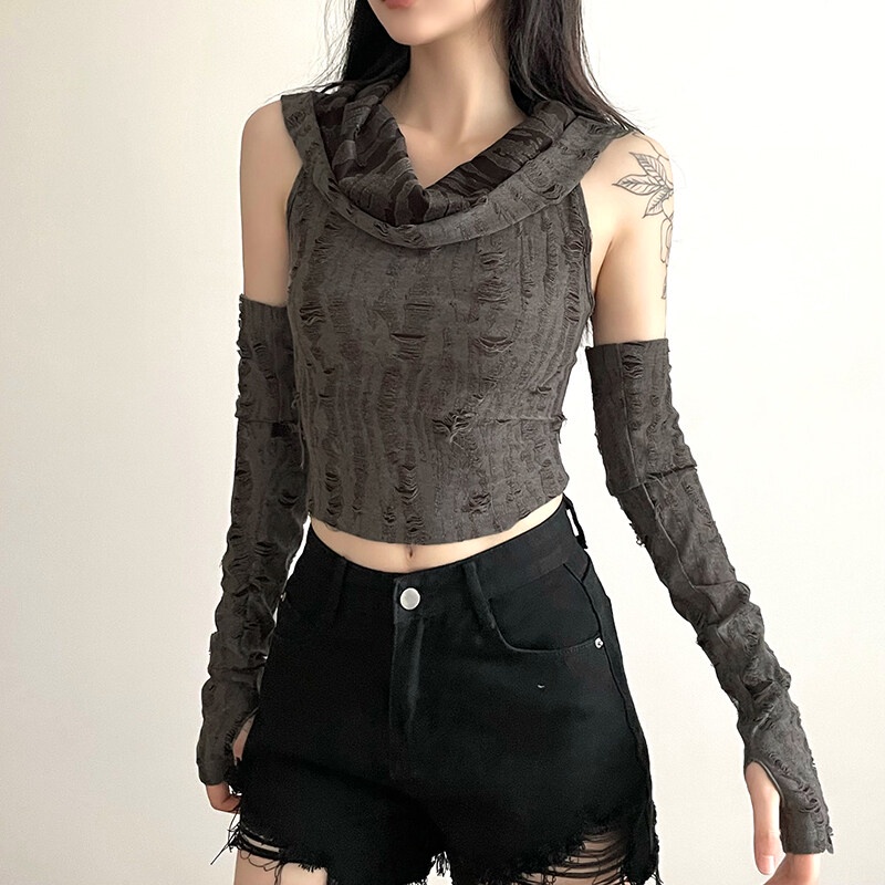 Kliou Mới Áo Croptop Sát Nách Có Mũ Trùm Khoét Lỗ Dáng Ôm Màu Xám Trơn Đơn Giản Mùa Hè Cho Nữ