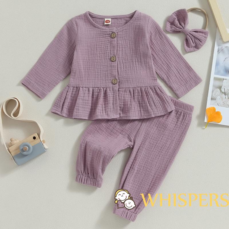 Bộ Áo Sơ Mi Tay Dài Cài Khuy + Quần Dài + Băng Đô Cài Tóc Xinh Xắn Cho Bé Gái 0-3 Tuổi