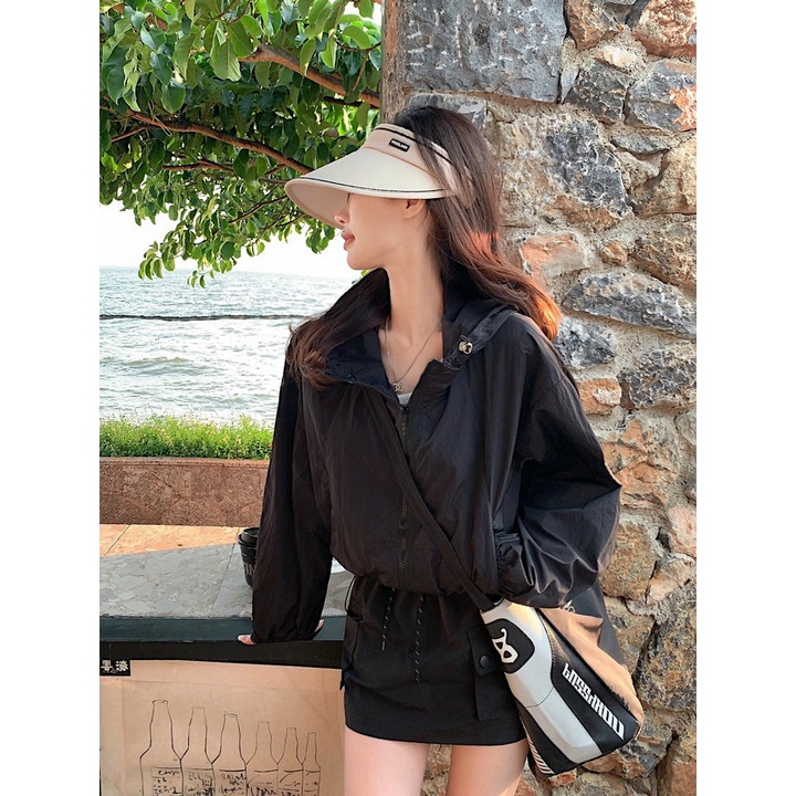 SUXI Áo Khoác Chống Nắng Thể Thao Tay Dài Dáng Rộng Có Mũ Trùm Phối Dây Rút Thời Trang Mùa Hè