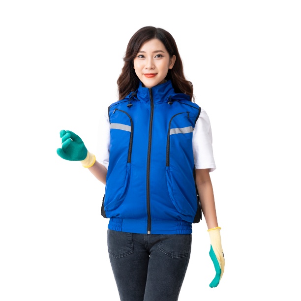 Áo khoác quạt điều hoà ghile Nhật Bản Yamako, áo có mũ tháo rời màu xanh