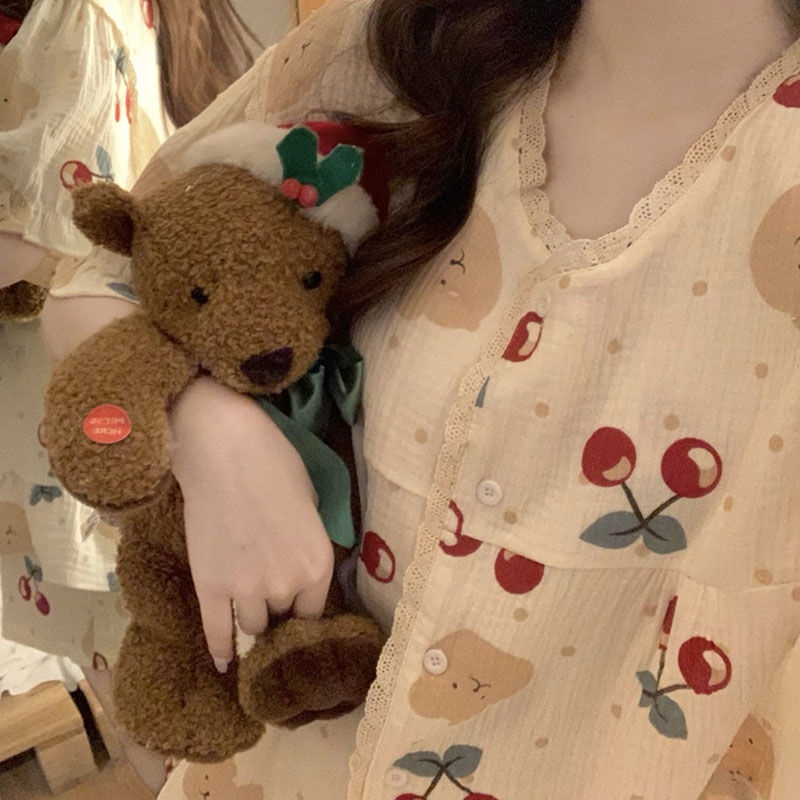 Bộ Đồ Ngủ Hai Mảnh Áo Cardigan Phối Quần Short Đơn Giản Dễ Thương Thời Trang Mùa Hè Cho Bạn Gái