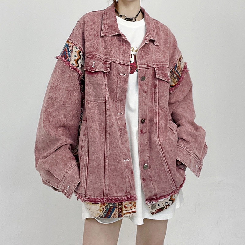 Áo khoác denim YOUTANG khâu họa tiết dáng rộng màu hồng thời trang retro