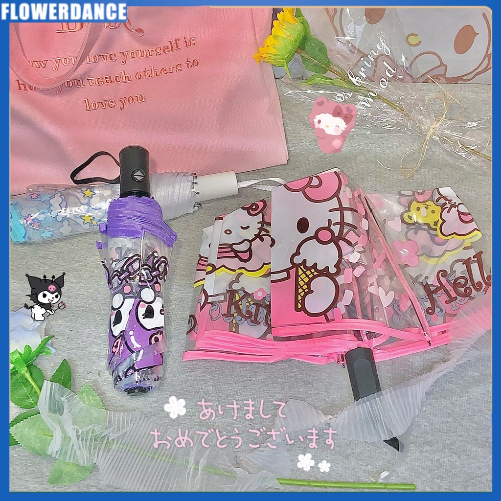 Phim Hoạt Hình Hello Kitty Kuromi Trong Suốt Nhựa Dày Gấp Dù/Sáng Tạo Gấp Di Động Tự Động Mở Và Đóng Ô Hoa