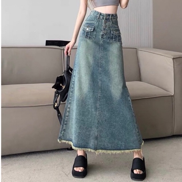 Chân váy jeans dài dáng chữ A phong cách retro nữ | BigBuy360 - bigbuy360.vn