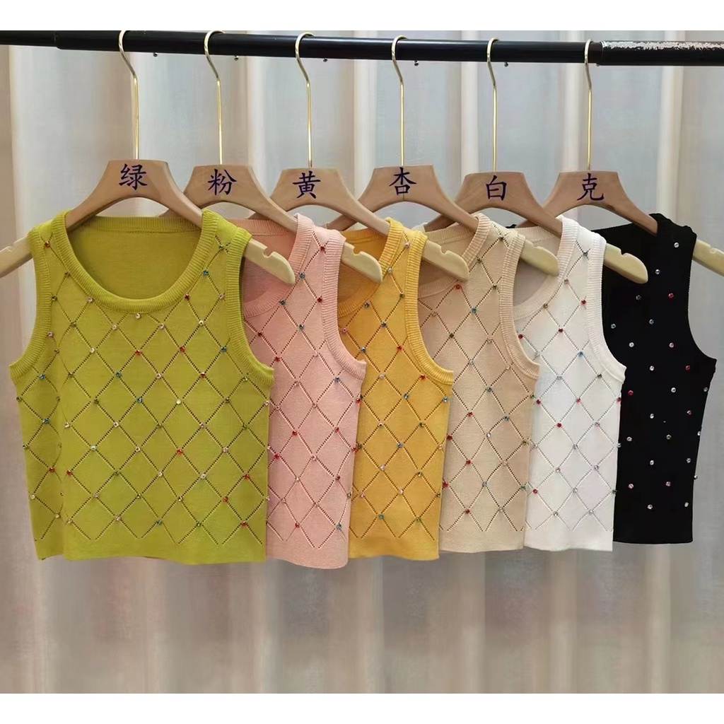 NZN Áo không tay nữ sành điệu với kim cương được kiểm tra bằng kim cương và áo vest dệt kim đính cườm