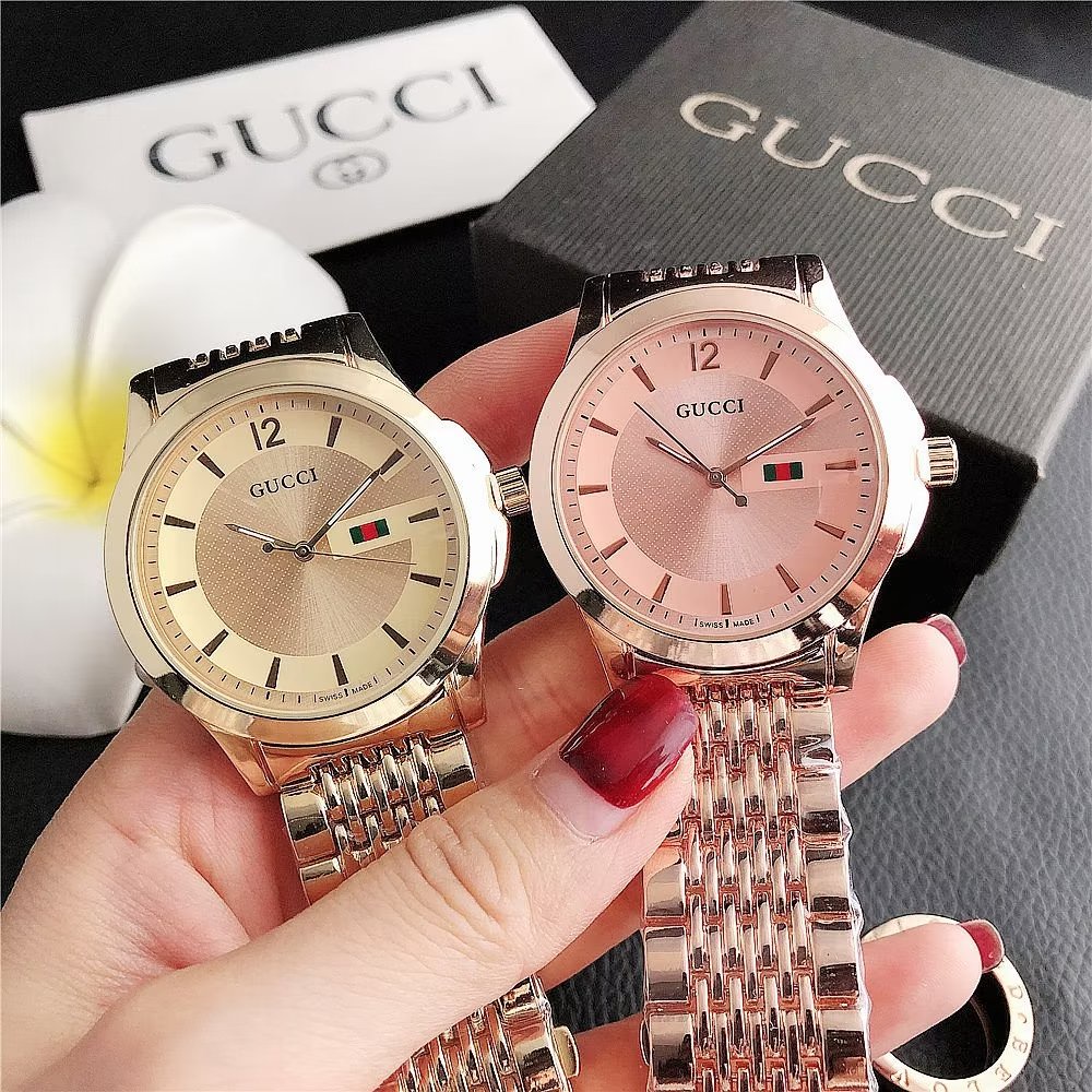 Đồng hồ đôi Mặt Tròn Họa Tiết Gucci Dây Da Thép Không Gỉ Thời Trang Cho Nam Và Nữ