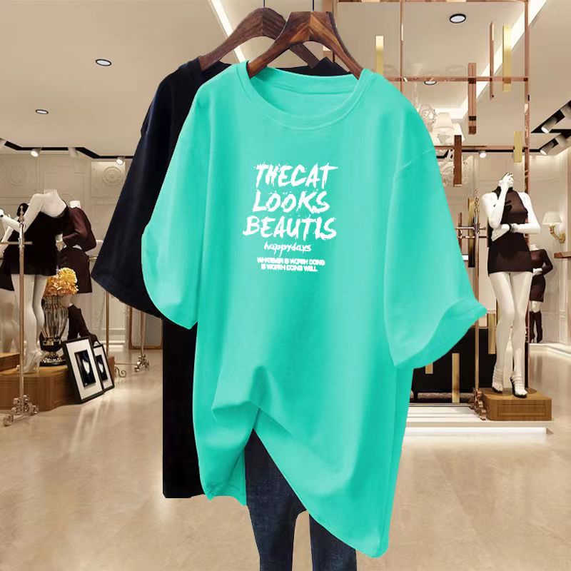 Áo Thun cotton Màu Xanh Lá Huỳnh Quang Tay Lửng Dáng Rộng In Chữ Phong Cách Âu Mỹ Cho Nữ