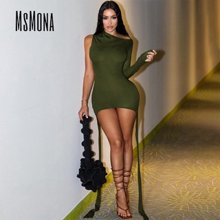 MsMona Nữ Thời Trang Mới Màu Trơn Dài Tay Ôm Hông Quấn Đầm