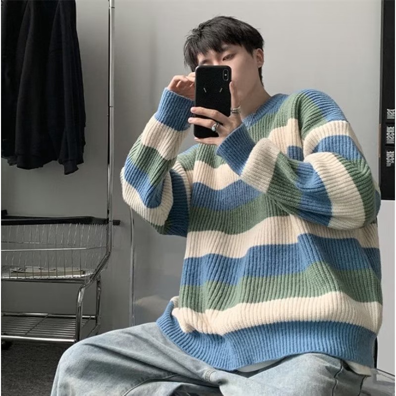 Áo Sweater Cổ Tròn Kẻ Sọc Phong Cách Thời Trang Nhật Bản Dành Cho Nam Và Nữ