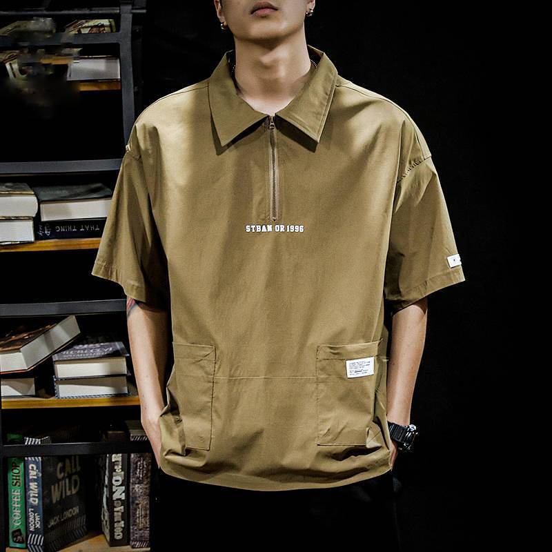 Summer Thin Ice Silk Retro Multi-Pocket Work Pants Lapel Short-Sleeved T-shirt Men's Polo Shirt Loose-Fitting plus Size Half-Length Sleeves Ao6L