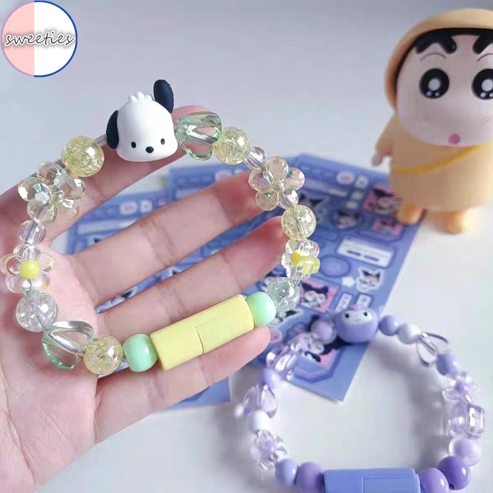2 trong 1 sanrio kuromi phim hoạt hình hạt dễ thương sạc dữ liệu cáp usb vòng đeo tay phù hợp với ios type-c