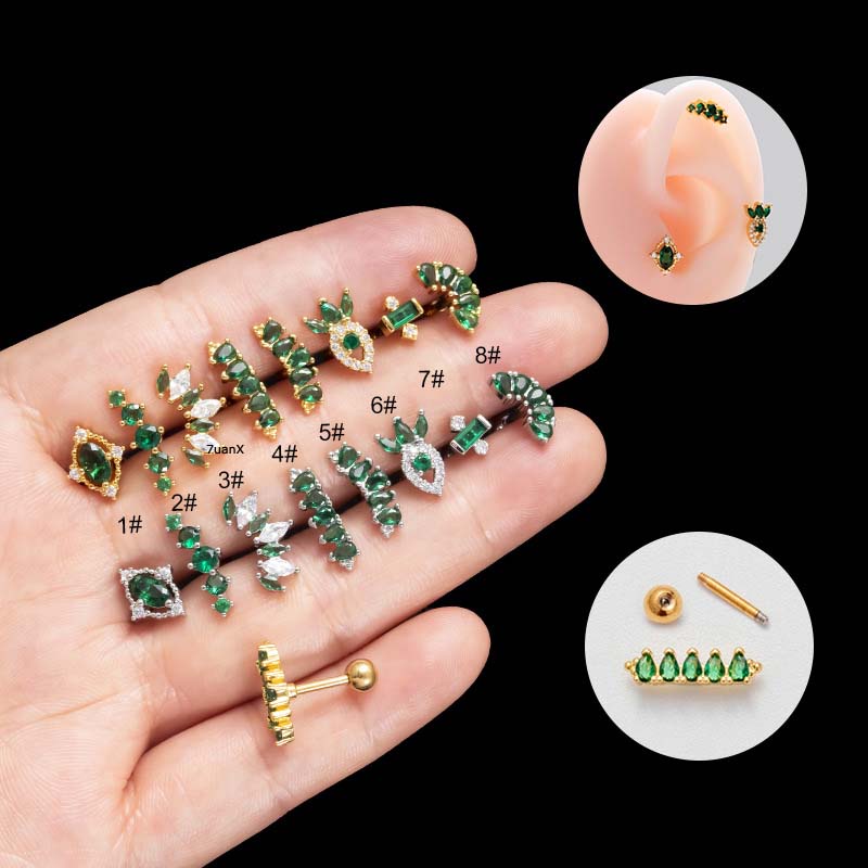 1 mảnh đôi vít đầu sụn xoắn bông tai đinh tán bằng thép không gỉ 16gauge barbell pinna lobe xuyên với zircon xanh