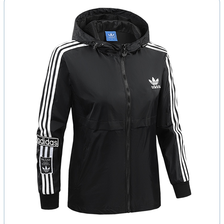 Adidas 100% original clover unisex thêu logo ngoài trời áo gió có mũ trùm đầu không thấm nước cặp đôi áo khoác bỏ túi ba-stripe cổ điển