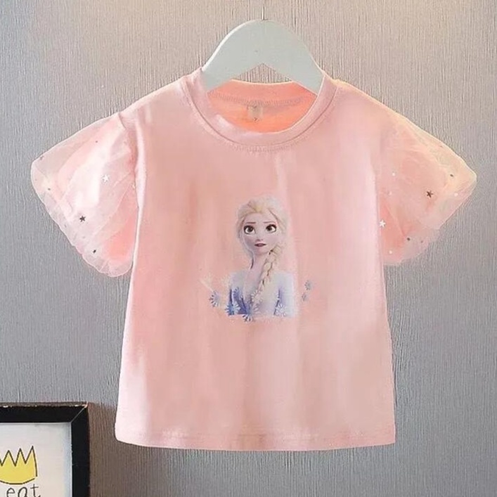 Trẻ em gái áo sơ mi thời trang puff tay ngắn áo sơ mi cổ tròn trẻ em chất lượng cotton t-shirt hàn quốc
