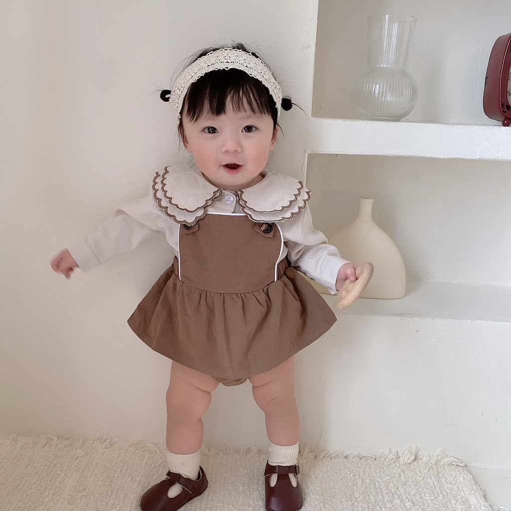 Spring and autumn baby set thêu edge doll collar shirt top + strap wrap infant romper dress two-piece suit