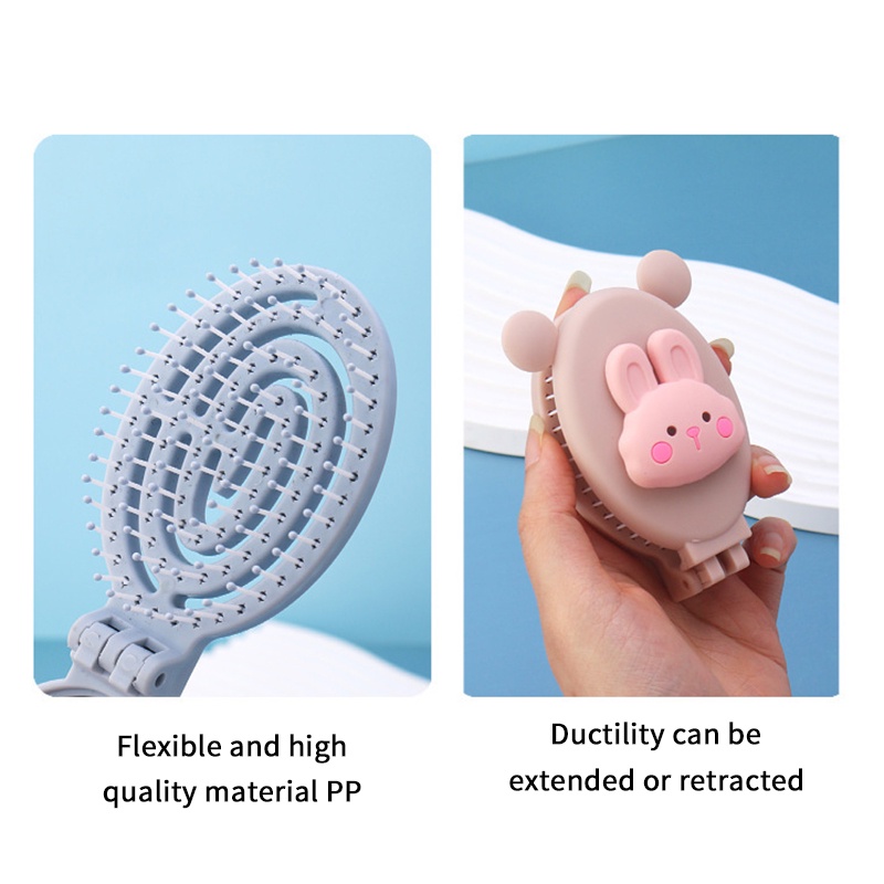 Lược gấp mini hoạt hình dễ thương có gương trẻ em lật bàn chải tóc massage đầu di động - HSU