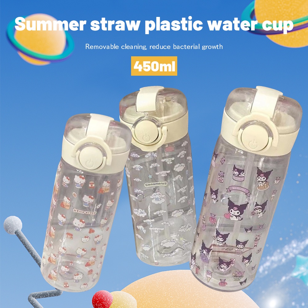 Chai nước có ống hút mùa hè Hello Kitty Chai nhựa Botol Air Sinh viên Kuromi Aquaflask dễ thương