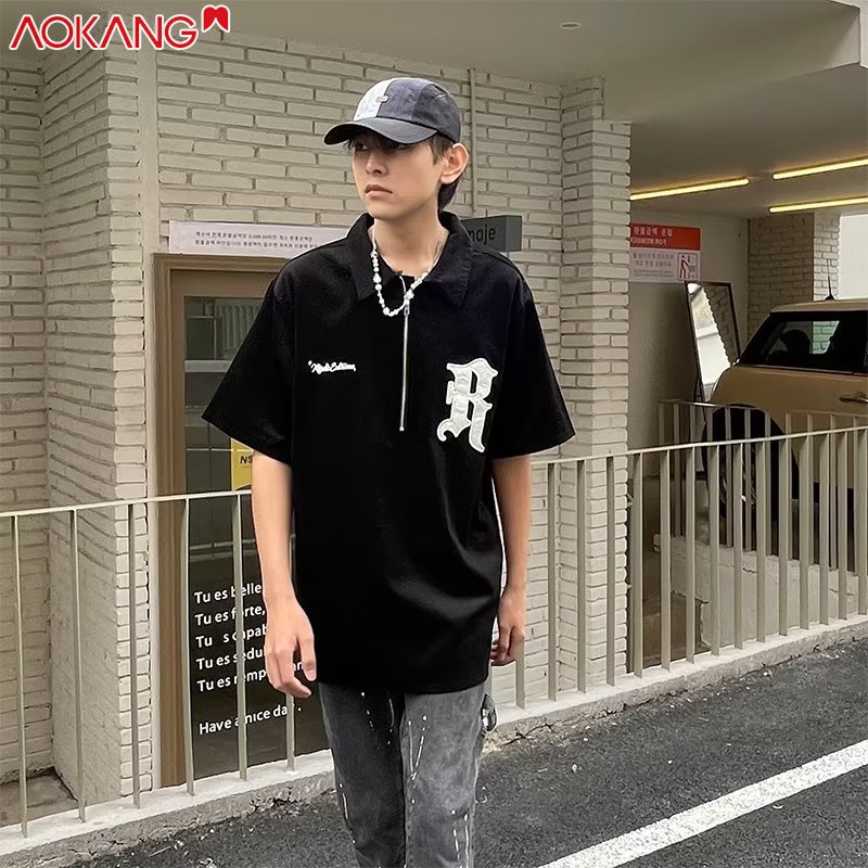 Áo thun AOKANG cổ polo tay ngắn dáng rộng phối khóa kéo phong cách học đường Nhật Bản thời trang cao cấp dành cho nam