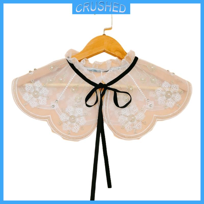 Crush phụ nữ thanh lịch diềm xếp nếp cổ áo giả khăn choàng khăn ren-up ruy băng vòng cổ giả ngọc trai đính cườm thêu hoa