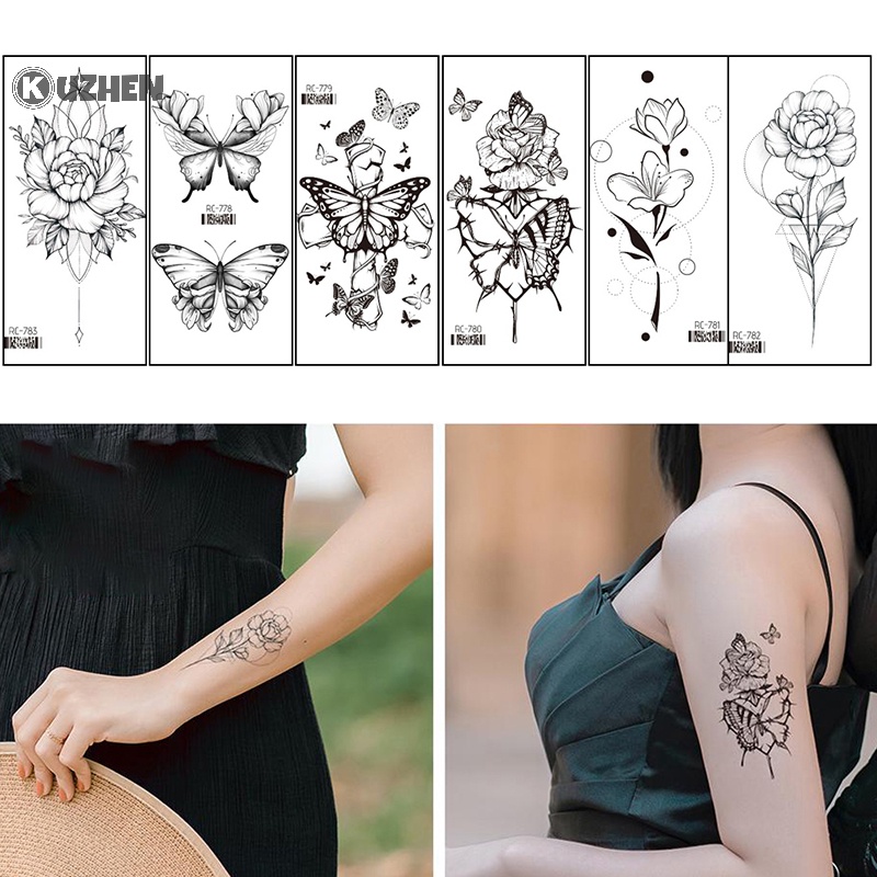 Kuzhen không thấm nước hình xăm tạm thời dán bướm đen hoa hồng chuyển flash tatoo hot