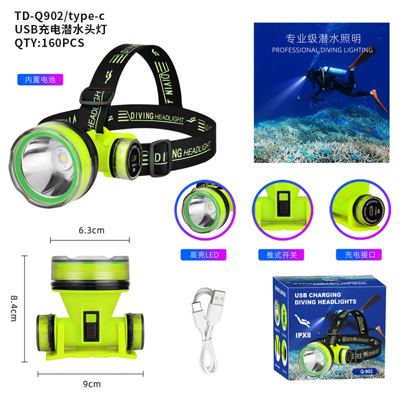 Đèn led mới tuổi thọ pin dài lặn ánh sáng mạnh đèn pha siêu sáng không thấm nước tầm xa lặn sâu đèn pha câu cá