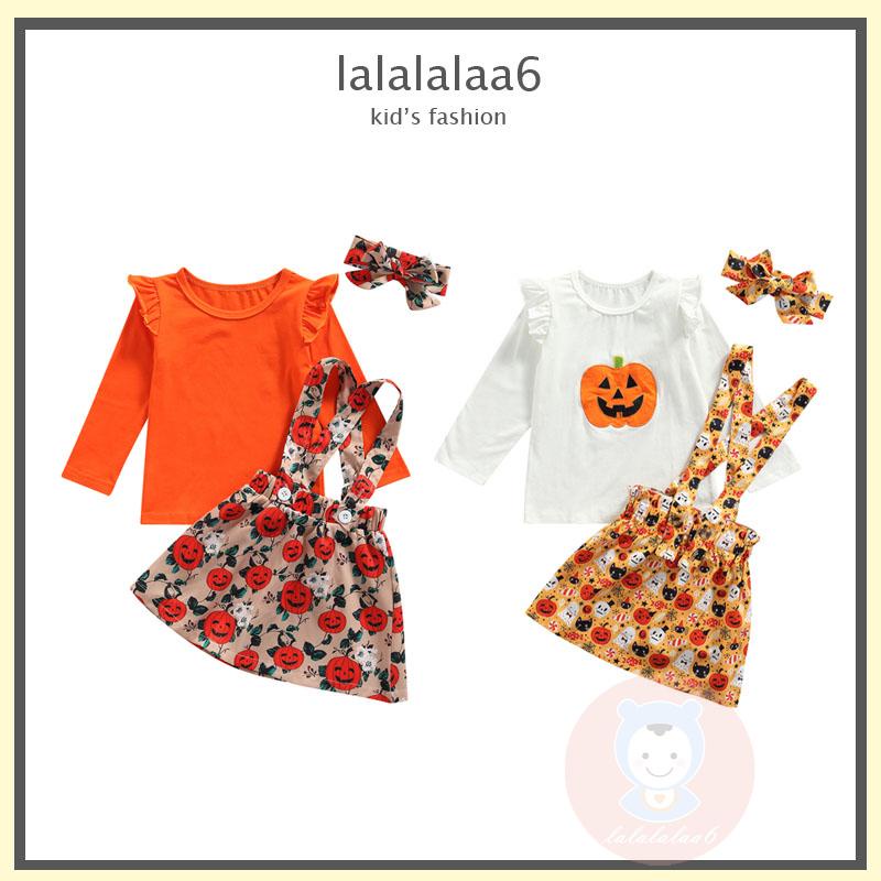 Laa6-girl mũ halloween áo t-shirt dài tay giản dị và váy treo in hình bí ngô với băng đô