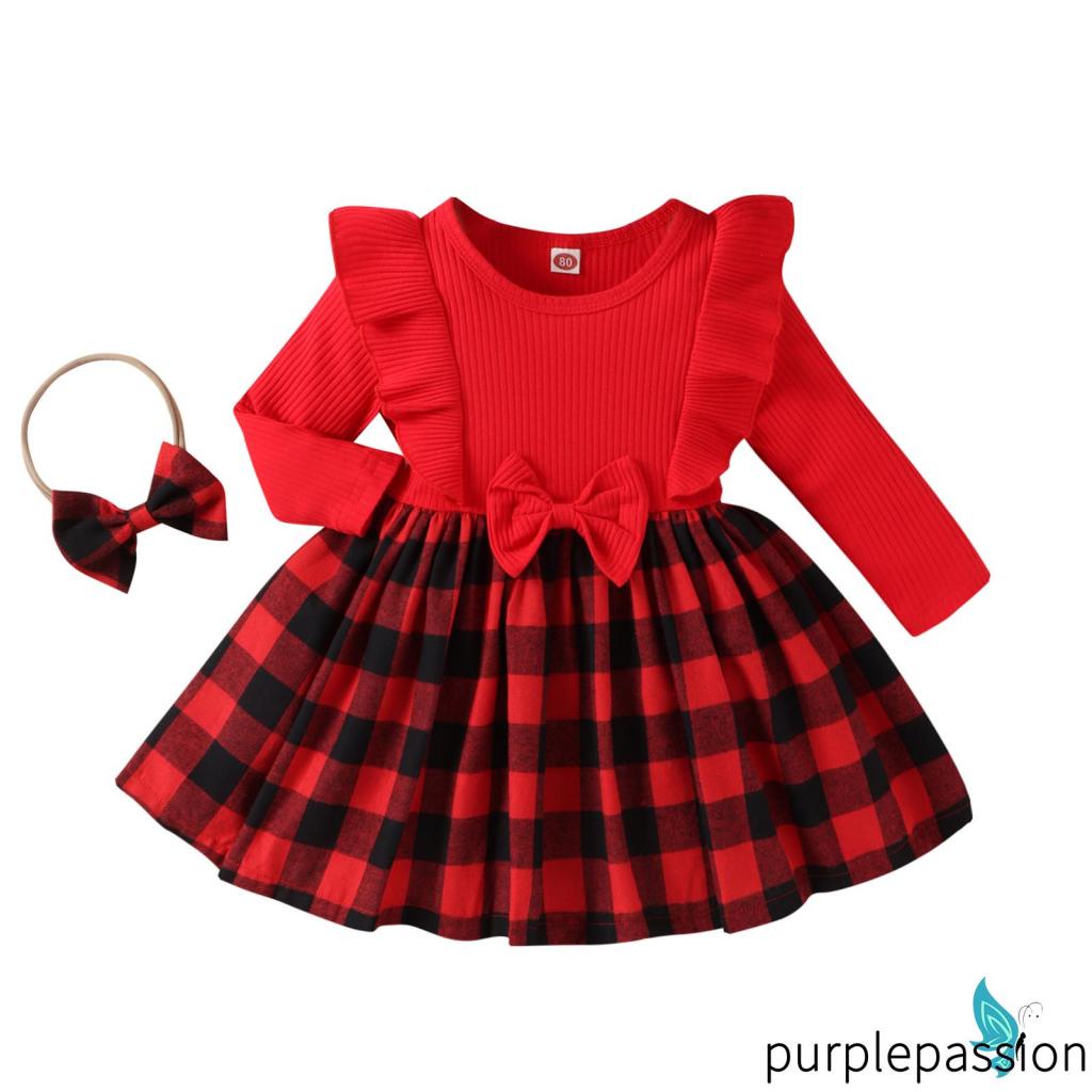 Purplepassion-trẻ em cô gái váy kẻ sọc ruffles nơ phi hành đoàn cổ dài tay áo váy mùa thu thời trang giản dị váy công chúa với băng đô