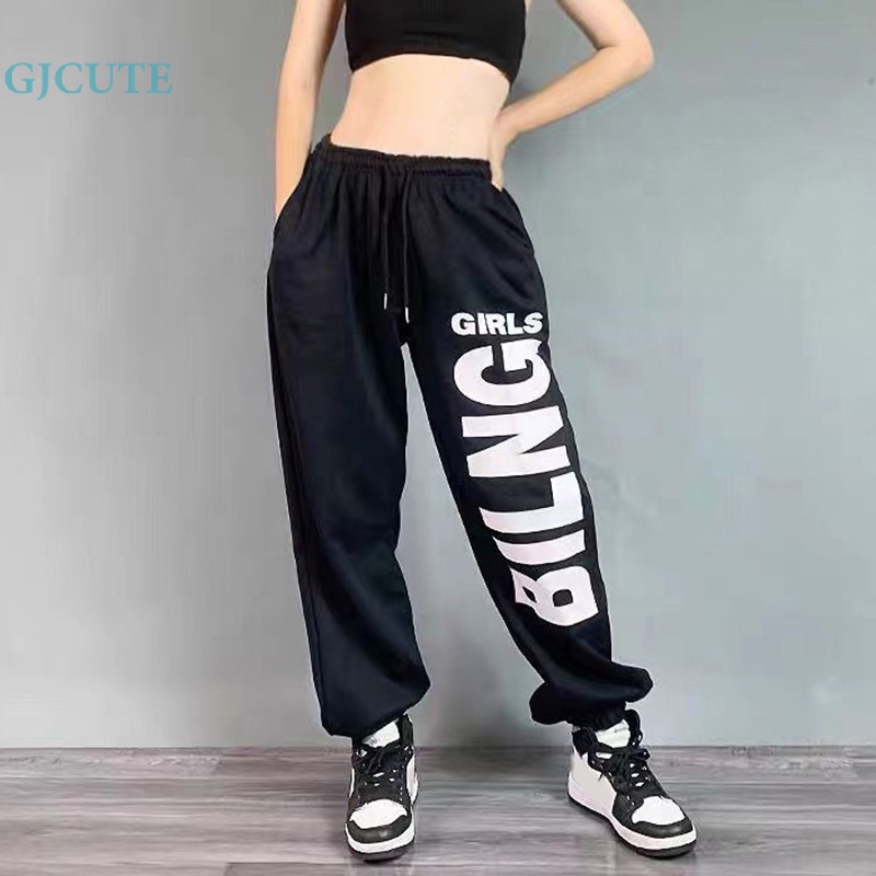 Gjcute in chữ lỏng lẻo đơn giản rộng-leg hip hop jazz corset quần bó sát cho phụ nữ wtd