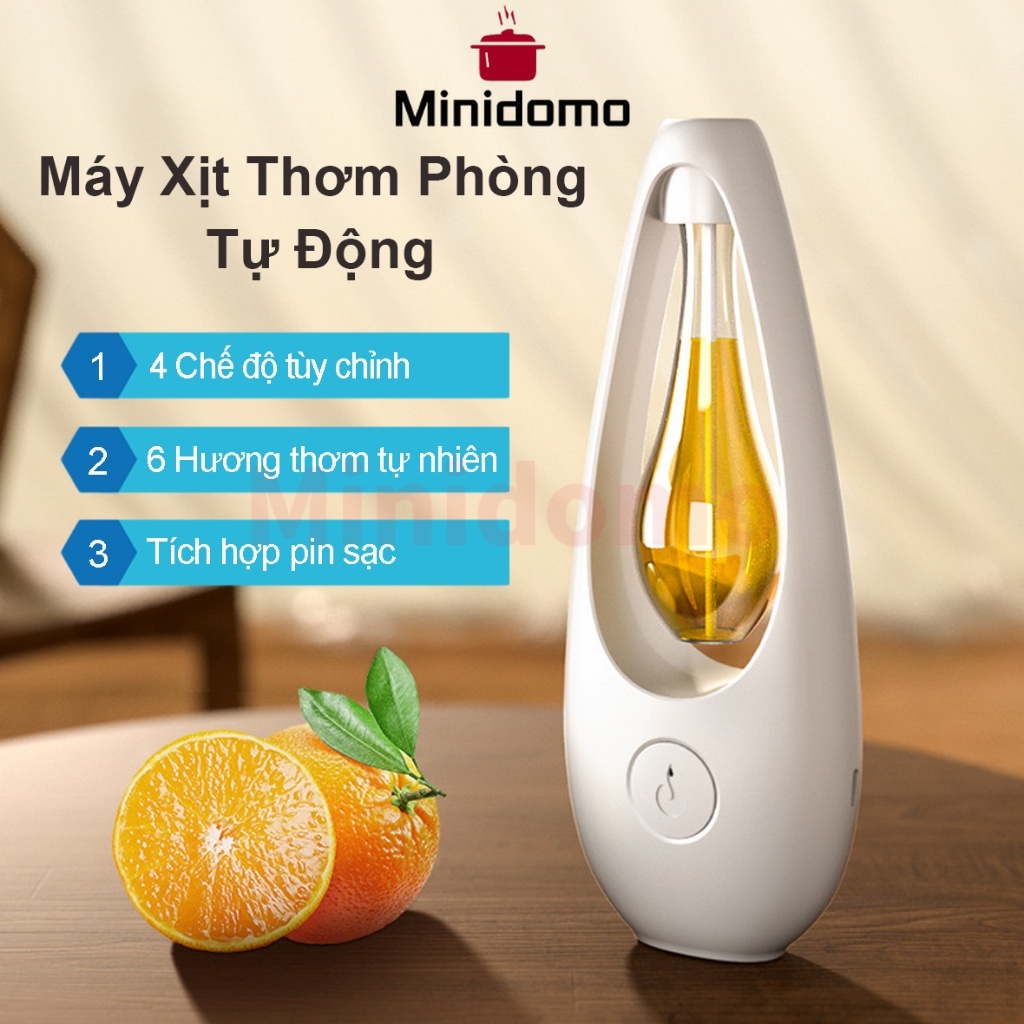 Máy Xịt Thơm Phòng Tự động Minidomo, Máy Xông Tinh Dầu, 6 Loại Tinh Dầu Thơm Phòng, Nước Hoa Thơm Phòng, Kèm Pin Sạc 1200mAh