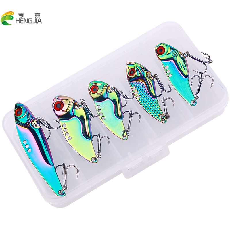 Hengjia 5 cái / hộp kim loại đầy màu sắc lưỡi vib câu cá lure 10g / 15g chìm cá nhân tạo jigging vibe phụ kiện câu cá ngoài khơi