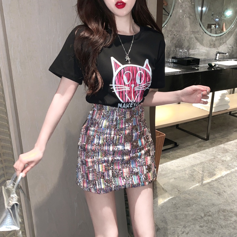 Set Áo Thun Ngắn Tay In Họa Tiết + Chân Váy Lưng Cao Ô Vuông Nhiều Màu Săc Thời Trang Dành Cho Nữ