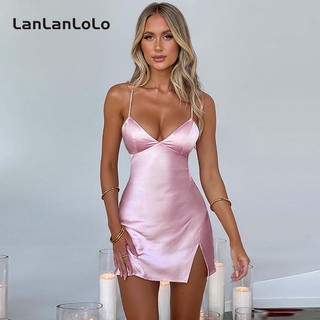 LanLanLo Nữ Màu Trơn Dây Cổ Chữ V Gợi Cảm Satin Khe Lưng Giảm Béo