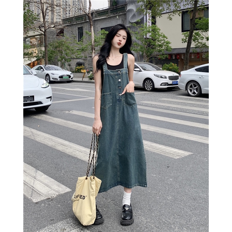 Đầm yếm denim MULTIPLICATION dáng dài phong cách retro thời trang mùa hè 2023 cho nữ