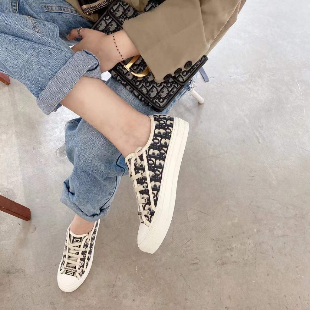 0XQQ DIOR letter printing embroidery 2023 new spring canvas shoes all-match flat white shoes presbyopic board shoes for women