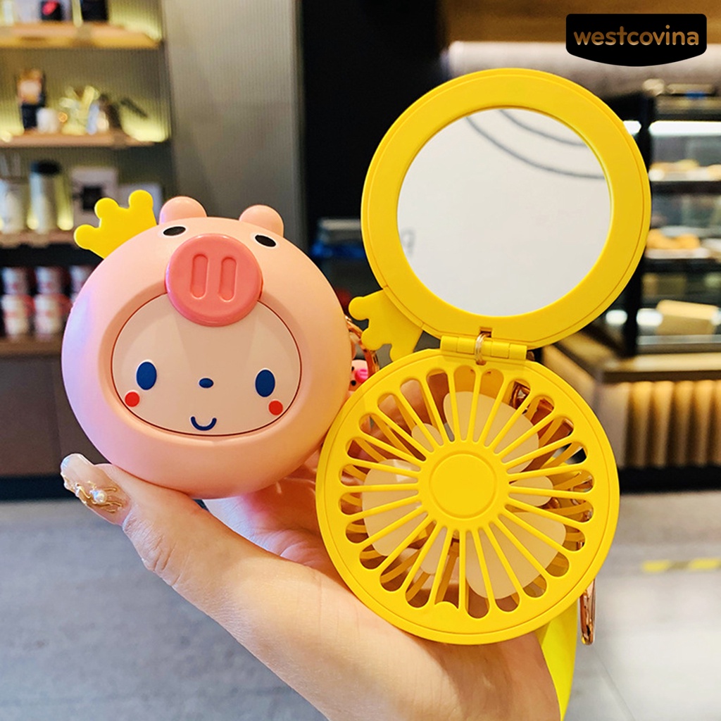 [COD]♋Quạt Cầm Tay Hai Tốc Độ Bằng ABS Kèm Gương Thiết Kế Hoạt Hình Dễ