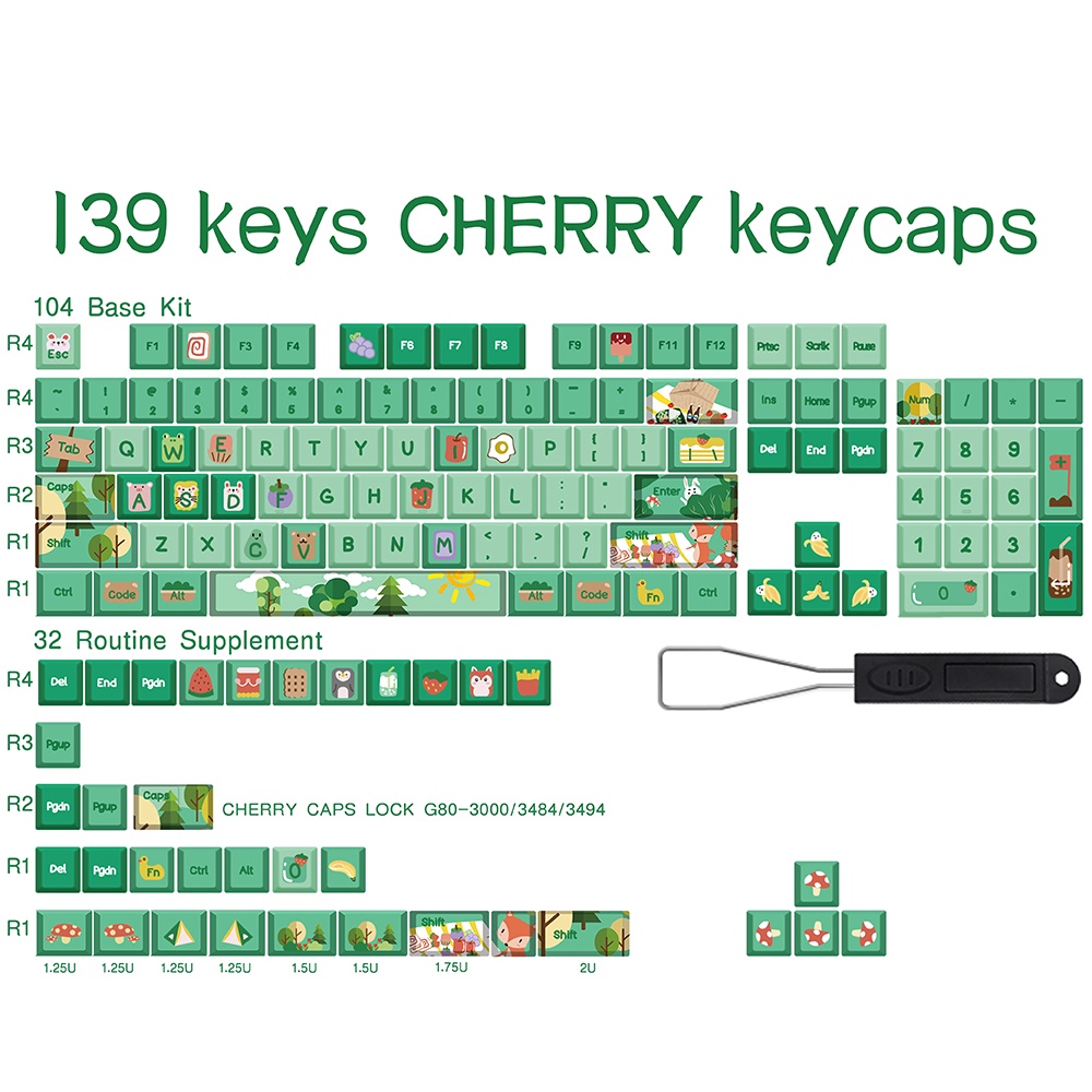 Forest Party Green Theme Keycaps PBT Cherry Profile Bộ Nút Bàn Phím 61 / 68 / 80 / 84 / 98 / 100 / 108 Thay Thế Chuyên Dụng