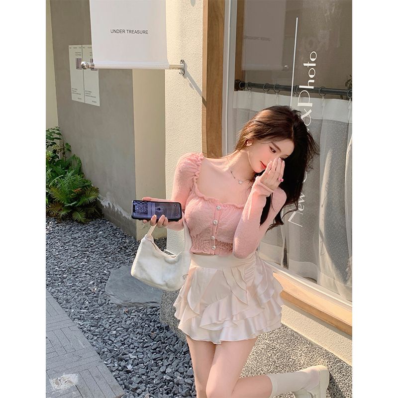 New Sweet square collar shoulder T-shirt cute skirt two-piece short thin long sleeve top flounced skirt set