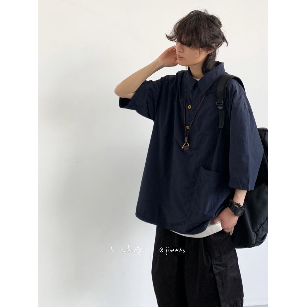 Áo Sơ Mi Xanh Navy Ngắn Tay Dáng Rộng Phong Cách Retro Mùa Hè Cho Nam Nữ