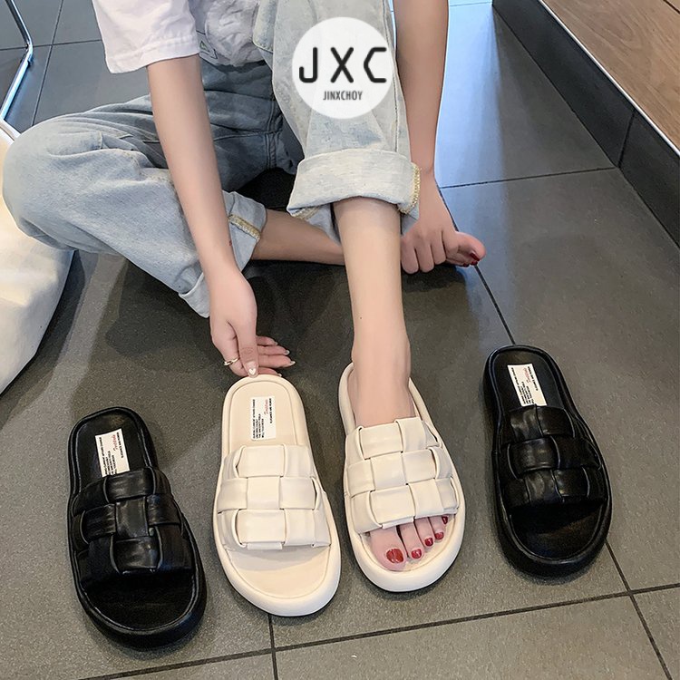 JINxCHOY Dép đế bằng JINXCHOY hở ngón mũi tròn màu trơn thoải mái thời trang