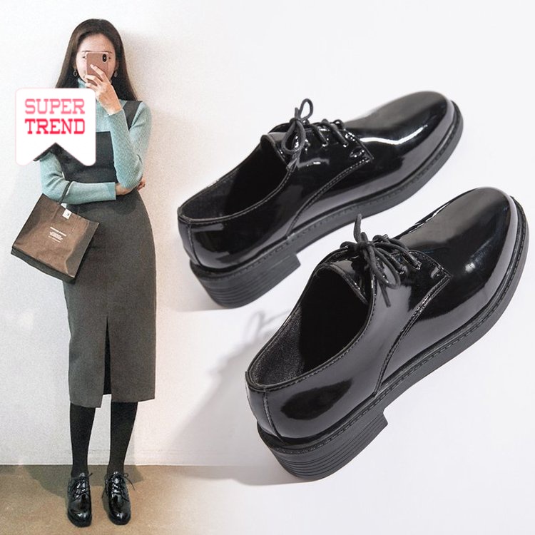 Giày da mũi tròn gót thấp phong cách thời trang Hàn dành cho phái đẹp