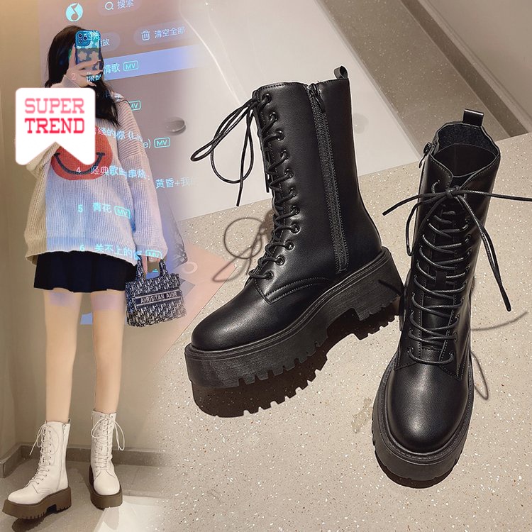 Giày Bốt Martin Mũi Tròn Cột Dây Phía Trước Màu Trơn Phối Khóa Kéo Thoải Mái Phong Cách Retro Thời Trang