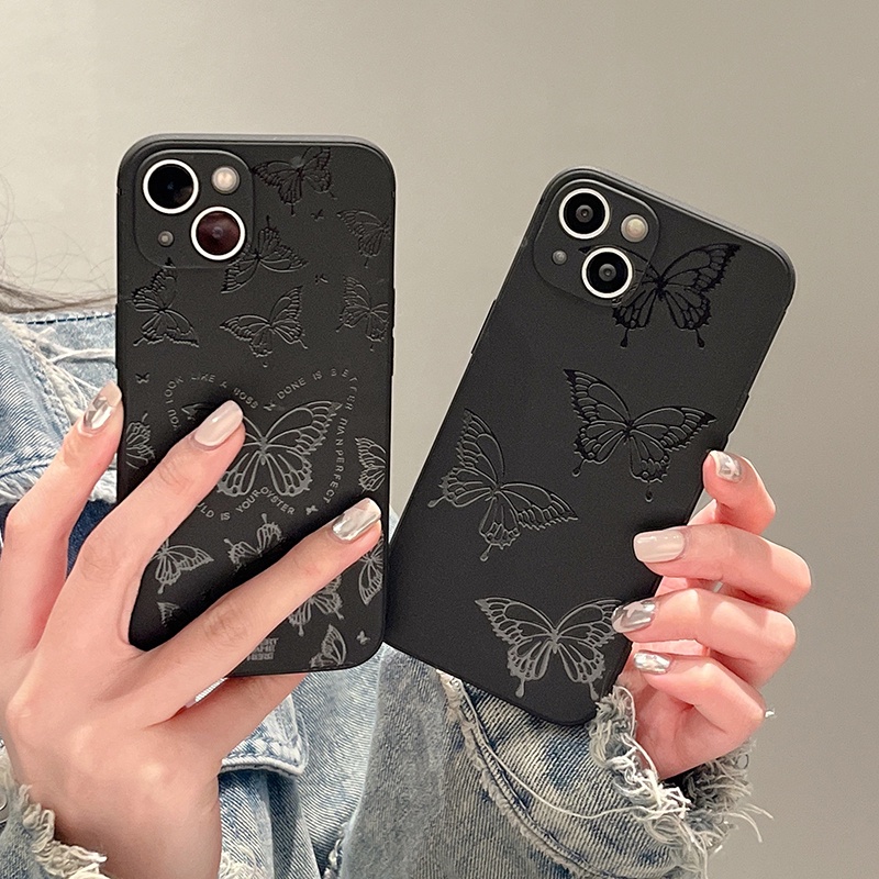 Ốp Điện Thoại Màu Đen Họa Tiết Bươm Bướm Thời Trang Cho iPhone 14 7 8 Plus 11 X XS 12 XR 13 Pro Max