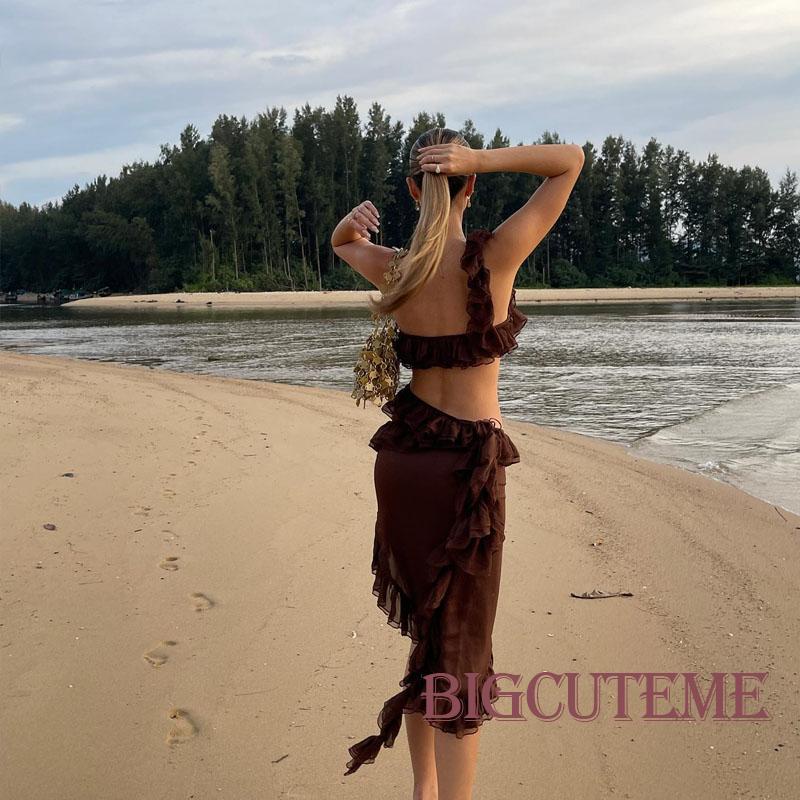 Set Đồ Mùa Hè 2 Món Gồm Áo Hai Dây Diềm Xếp Nếp Lệch Vai Eo Thấp Và Váy Midi Cho Nữ