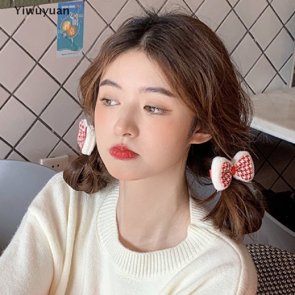 < Yiwuyuan > Kẹp Tóc Nơ Vải Lông Màu Trắng Đỏ Đáng Yêu Thời Trang Thu Đông Dành Cho Bé Gái