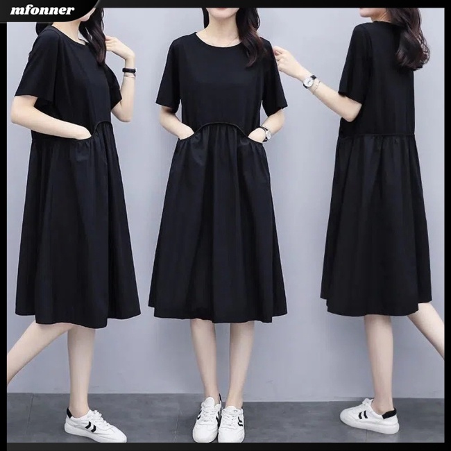 Đầm Chữ A Tay Ngắn Cổ Tròn Màu Sắc Đơn Giản Thanh Lịch Dành Cho Nữ