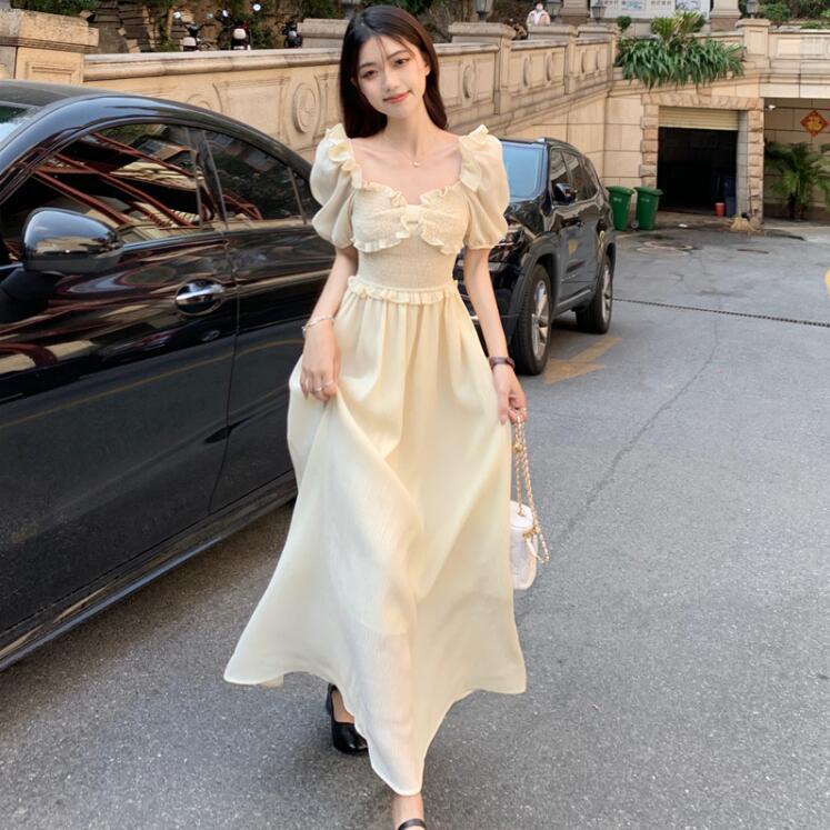 Đầm Tay Phồng Dáng Chữ A Màu Vàng Phong Cách Pháp Ngọt Ngào Thời Trang Mùa Hè Cho Nữ
