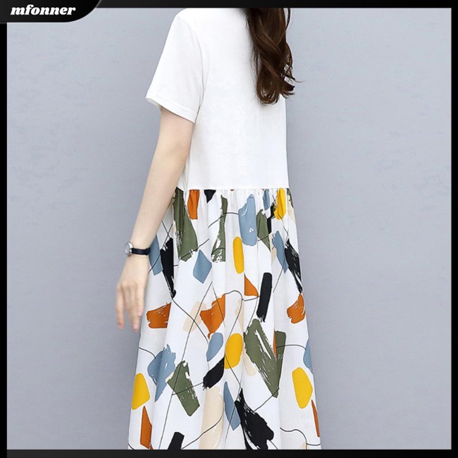 Đầm Dáng Chữ A Tay Ngắn Cổ Tròn Lưng Cao In Họa Tiết Thời Trang Mùa Hè Cho Nữ