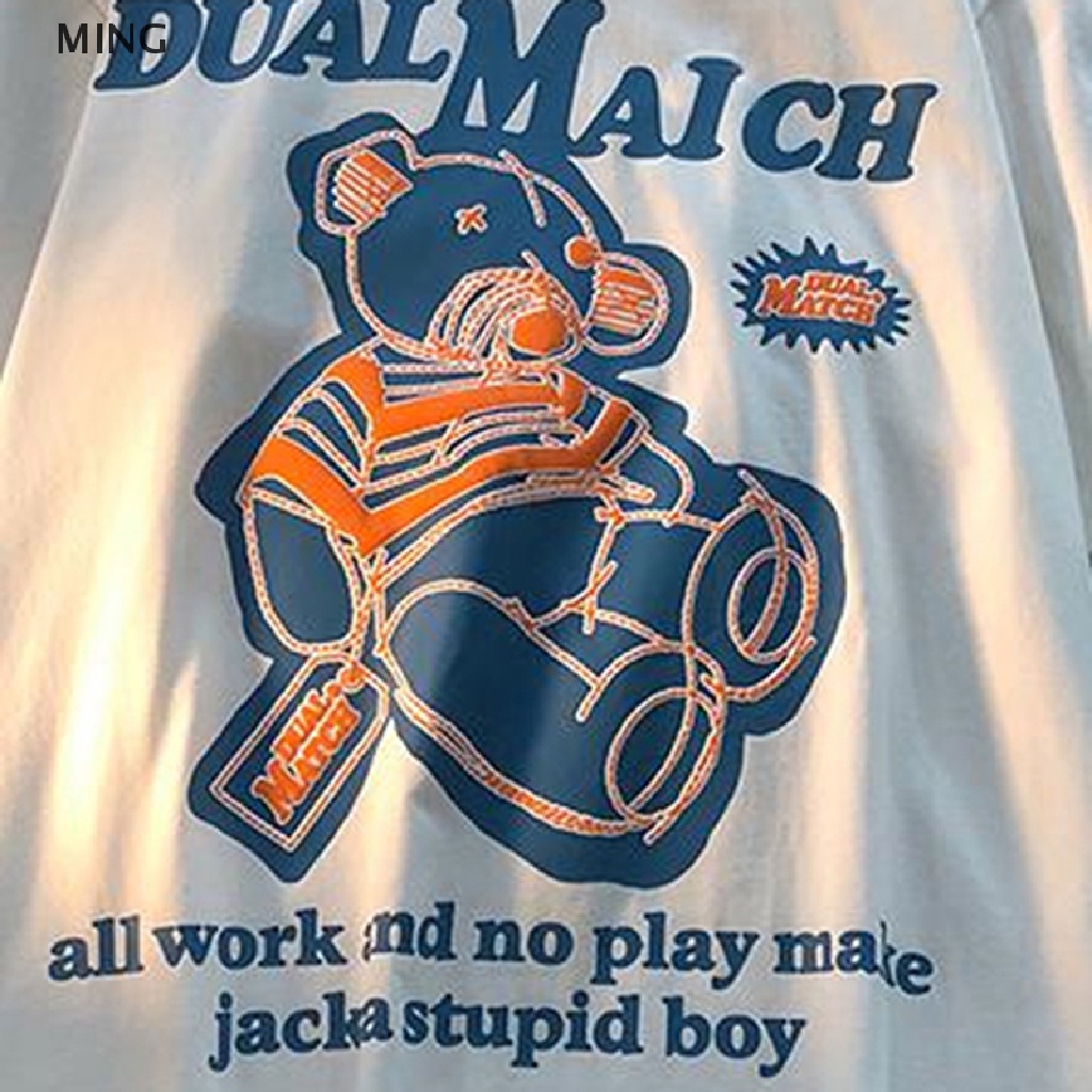 Áo Thun Tay Ngắn Cổ Tròn Dáng Rộng In Hình Gấu Kiểu Retro Mỹ Xinh Xắn Cho Nữ